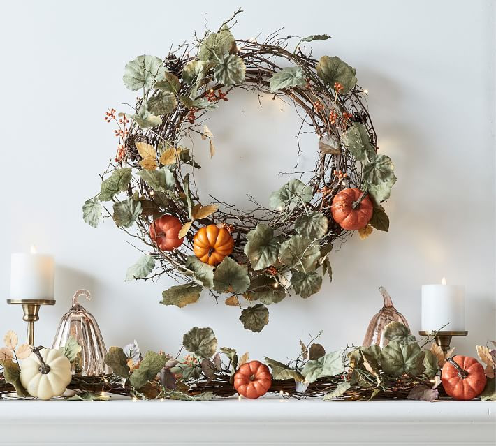 Lit Natural Pumpkin Wreath & Garland | Pottery Barn (US)