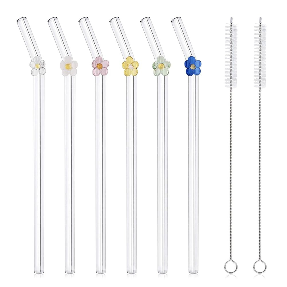 6 Pcs Reusable Glass Straws with 2 Cleaning Brushes, Cute Colorful Flower Glass Straw Shatter Res... | Amazon (US)