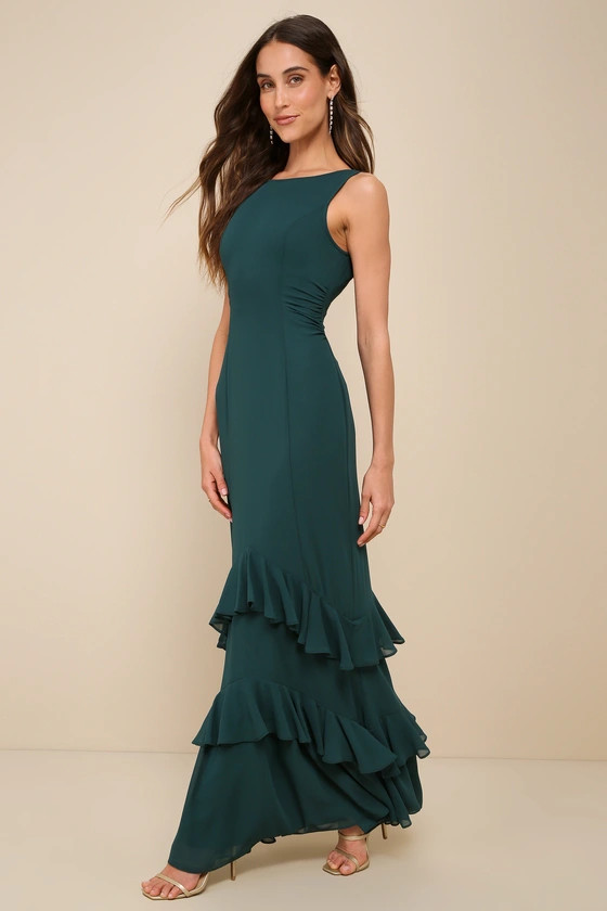 Lovely Arrival Emerald Green Chiffon Ruffled Tiered Maxi Dress | Lulus