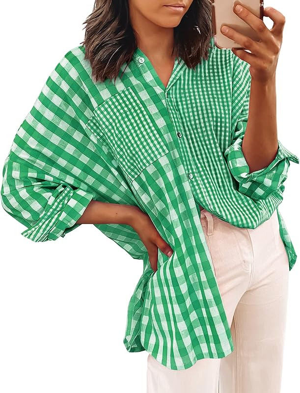 ZESICA Women's Casual Plaid Patchwork Long Sleeve Button Down Oversized Shirt Blouse Top | Amazon (US)