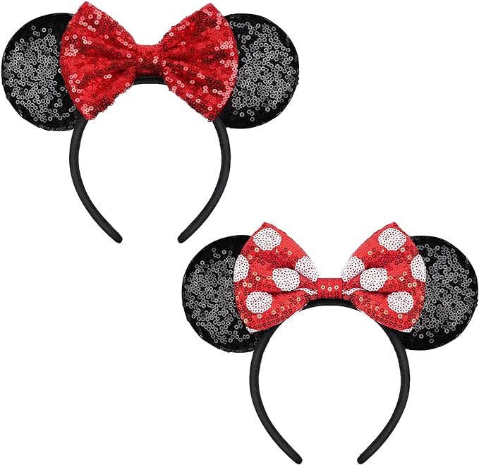 2 PCS Minnie Ears, YUNISS Shiny Sequin Bow Mickey Ears Headbands for Adult Women Girls Halloween ... | Amazon (US)