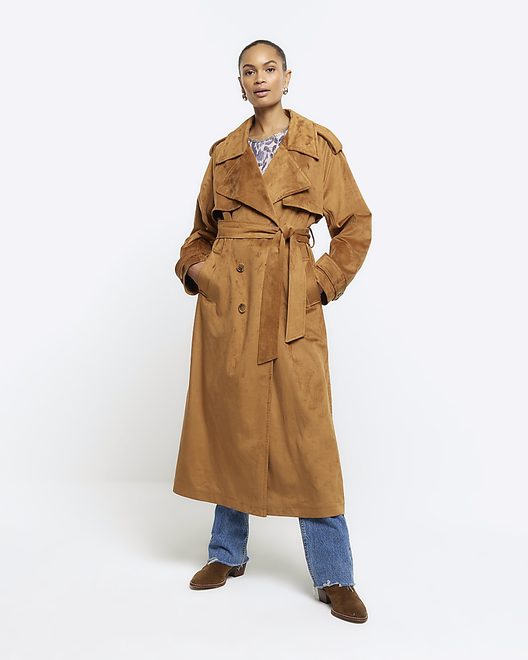 Brown suedette belted trench coat | River Island (UK & IE)
