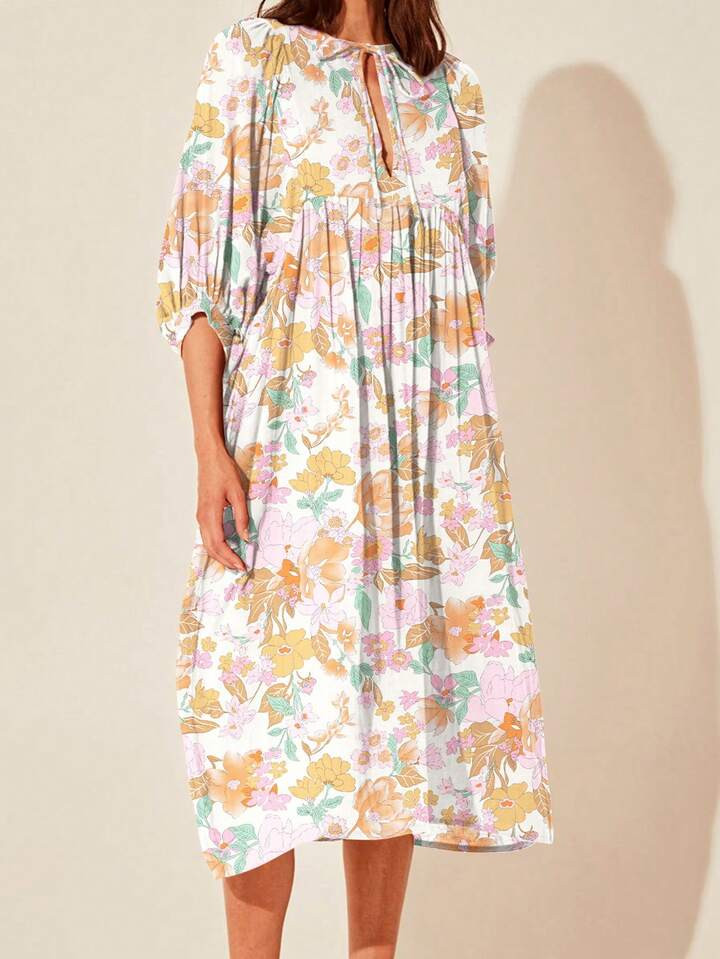 European And American Women's Fashionable Leisure Daily All-Match Round Collar Floral-Printed Dre... | SHEIN