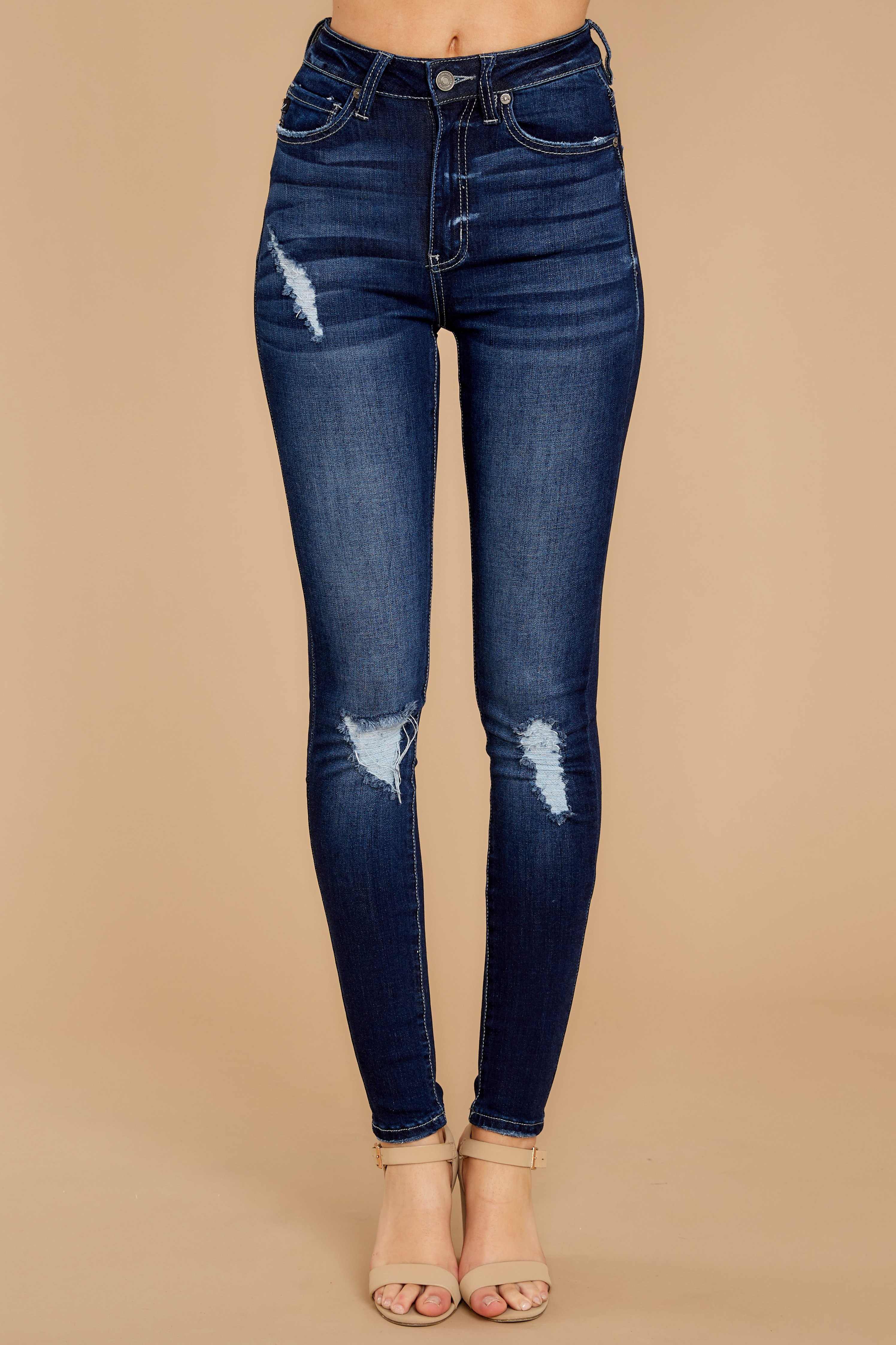 Have We Met Dark Wash Distressed Curvy Skinny Jeans | Red Dress 