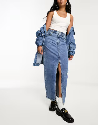 ASOS DESIGN denim maxi skirt with split hem in midwash | ASOS | ASOS (Global)