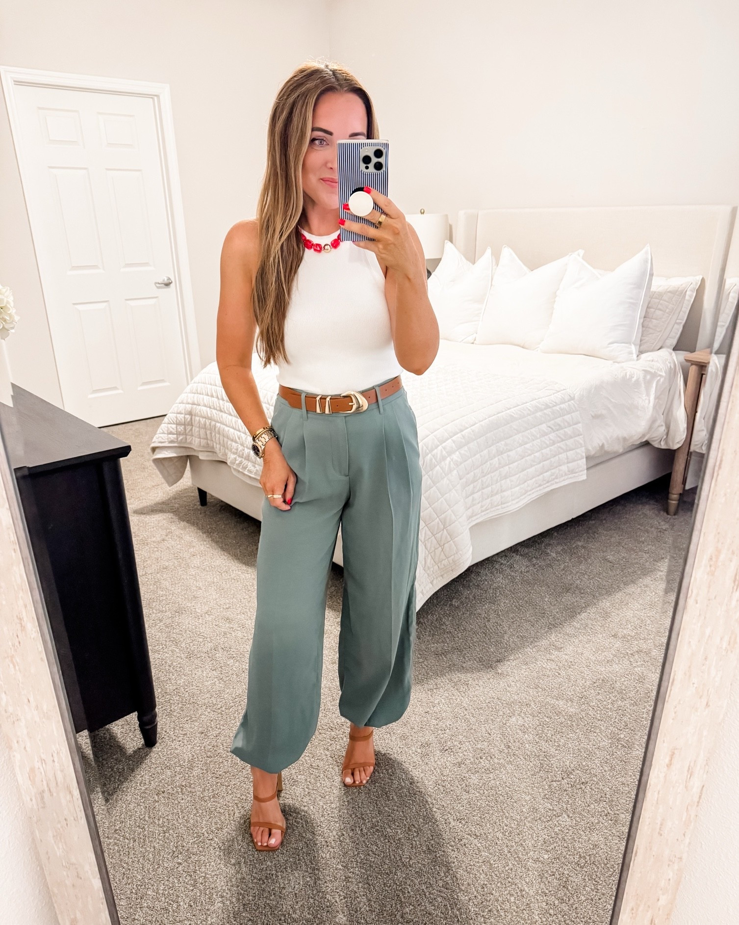 Pants - 6, tank - M (tts)
5’2” 140 lbs 
—
Target pants | Target work wear | Work pants | Trousers | Abercrombie tank | Summer look | Amazon sandals | The Drop sandals