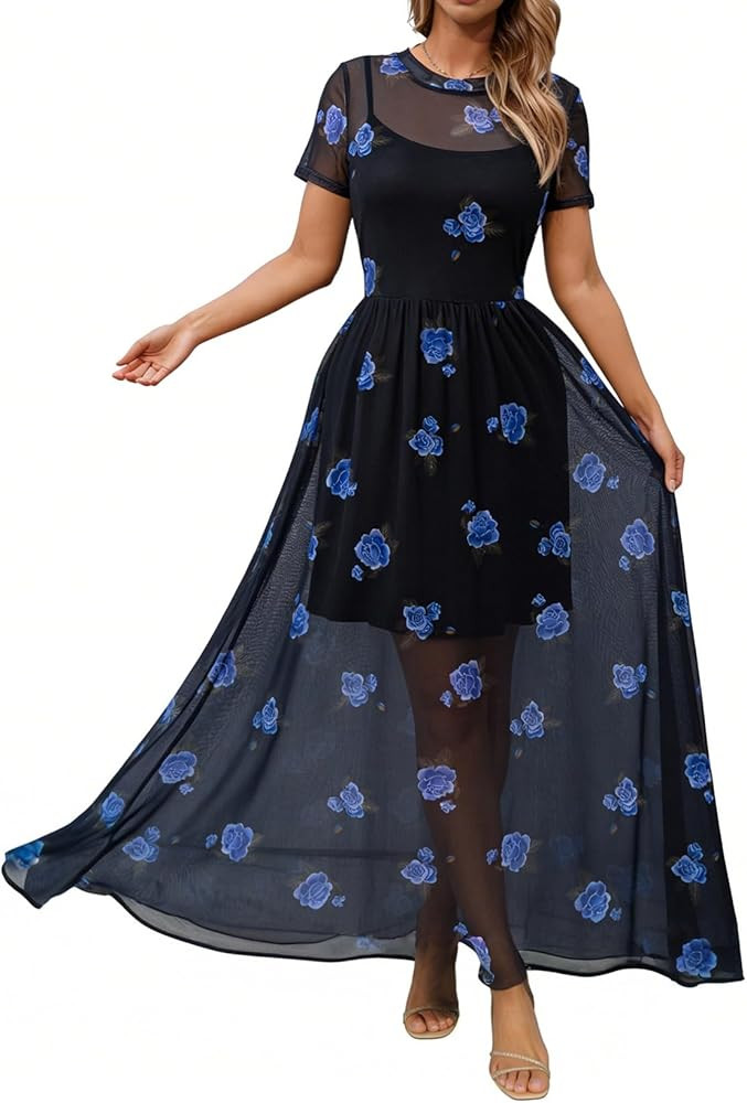 Dokotoo Womens Summer Short Sleeve Floral Print High Waist Mesh Maxi Dresses Flowy Crewneck Slit ... | Amazon (US)