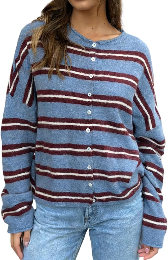 Women Knitted Cardigan Sweaters Long Sleeve Button Down Loose Knitwear Tops Y2k Vintage Jumper Kn... | Amazon (US)