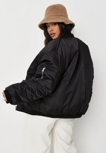 Missguided - Plus Size Black Borg Teddy Reversible Oversized Bomber Jacket | Missguided (US & CA)