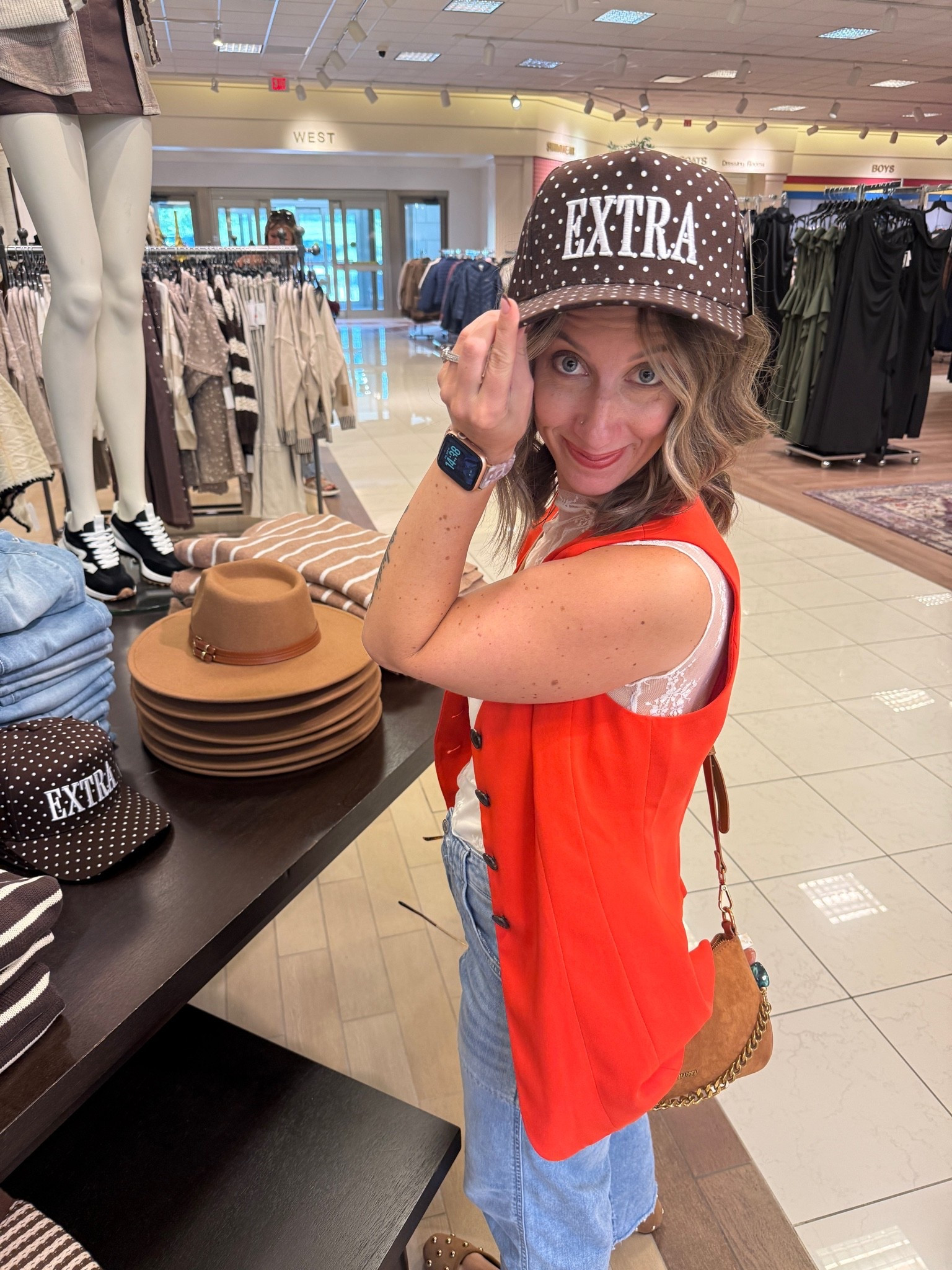Polkadots are everywhere! Loved this hat. The vest is sold out at Madewell, but there are lots of options that you can find on Poshmark. This orange sits in between Autumn’s orange and geranium. #hocautumn