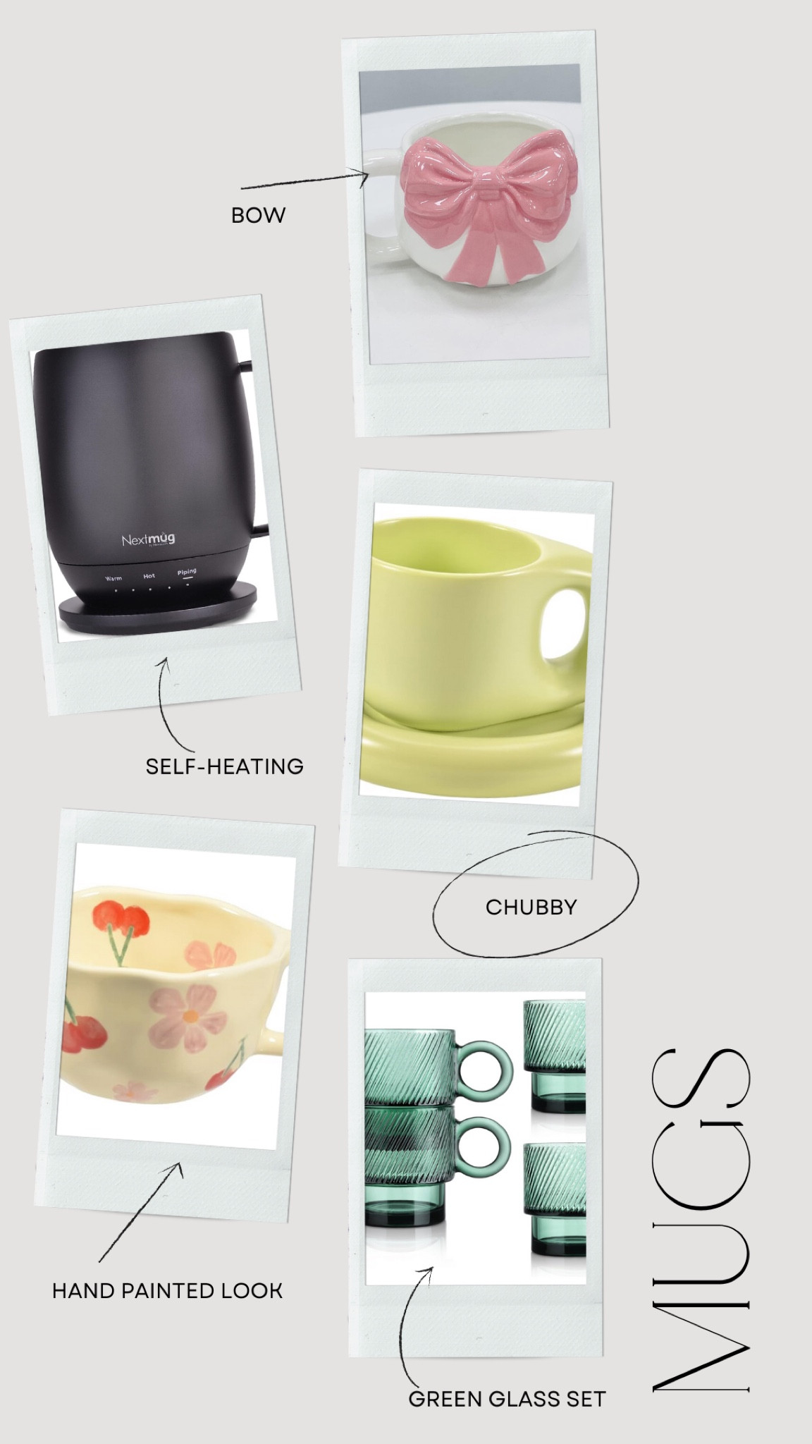 Cool Girl Gift Guide - Part 2

Coffee and Tea Mugs Edition

Pink bow coquette mug, heated/ temperature controlled mug, green chunky chubby mug, clear and colored glass mug sets.



#LTKhome #LTKGiftGuide #LTKfindsunder50