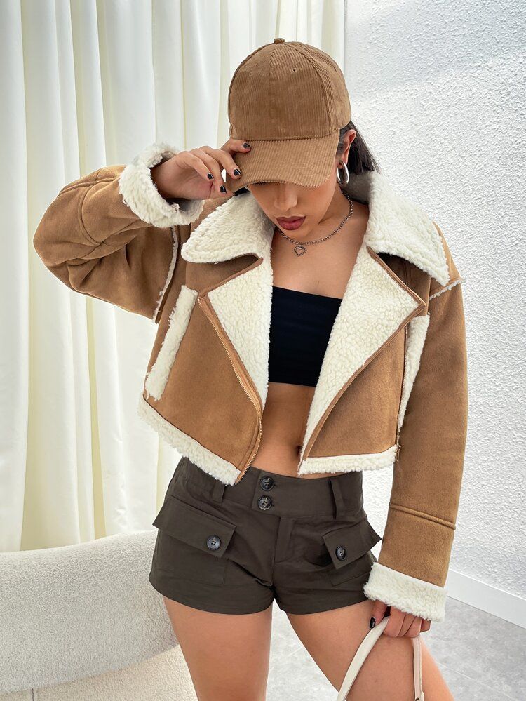 SHEIN EZwear Two Tone Drop Shoulder Zipper Teddy Moto Jacket | SHEIN