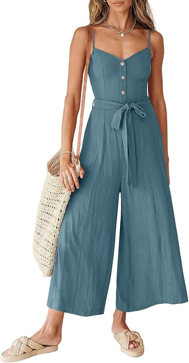 ANRABESS Jumpsuits for Women 2024 Summer Casual Linen Wide Leg V Neck Beach Rompers Dressy Spaghe... | Amazon (US)