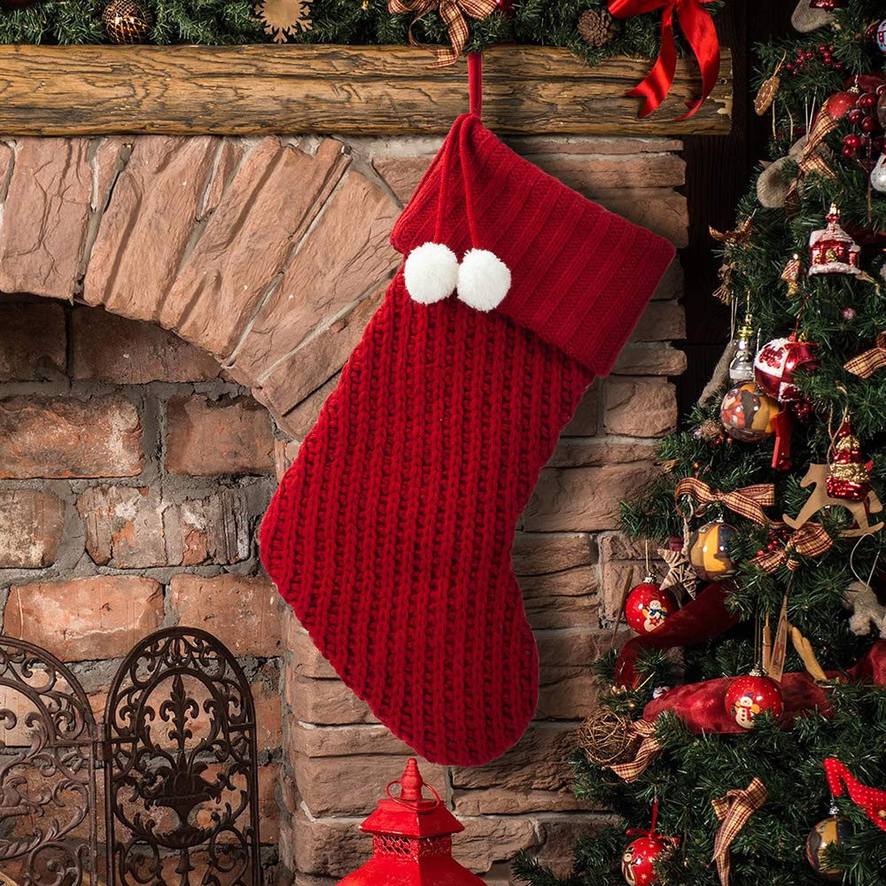 S-DEAL Red Knitted Christmas Stocking 21 Inches Mantel Decoration Double Layers with Pompom Gift ... | Amazon (US)