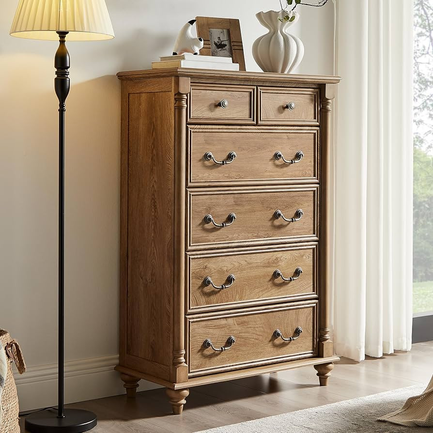 T4TREAM Farmhouse 6 Drawers Dresser Chests for Bedroom w/4 Solid Wood Feet &Column Decor, Tall Wo... | Amazon (US)