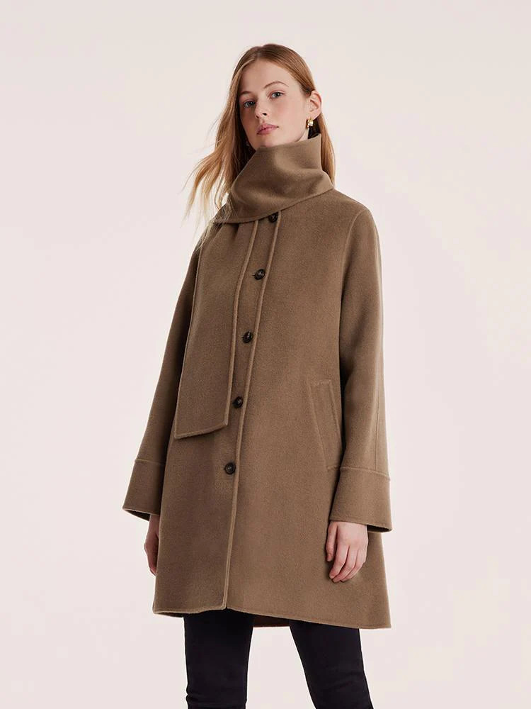 Tencel Wool Double-Faced Coat With Scarf - Coffee Brown / M | GOELIA