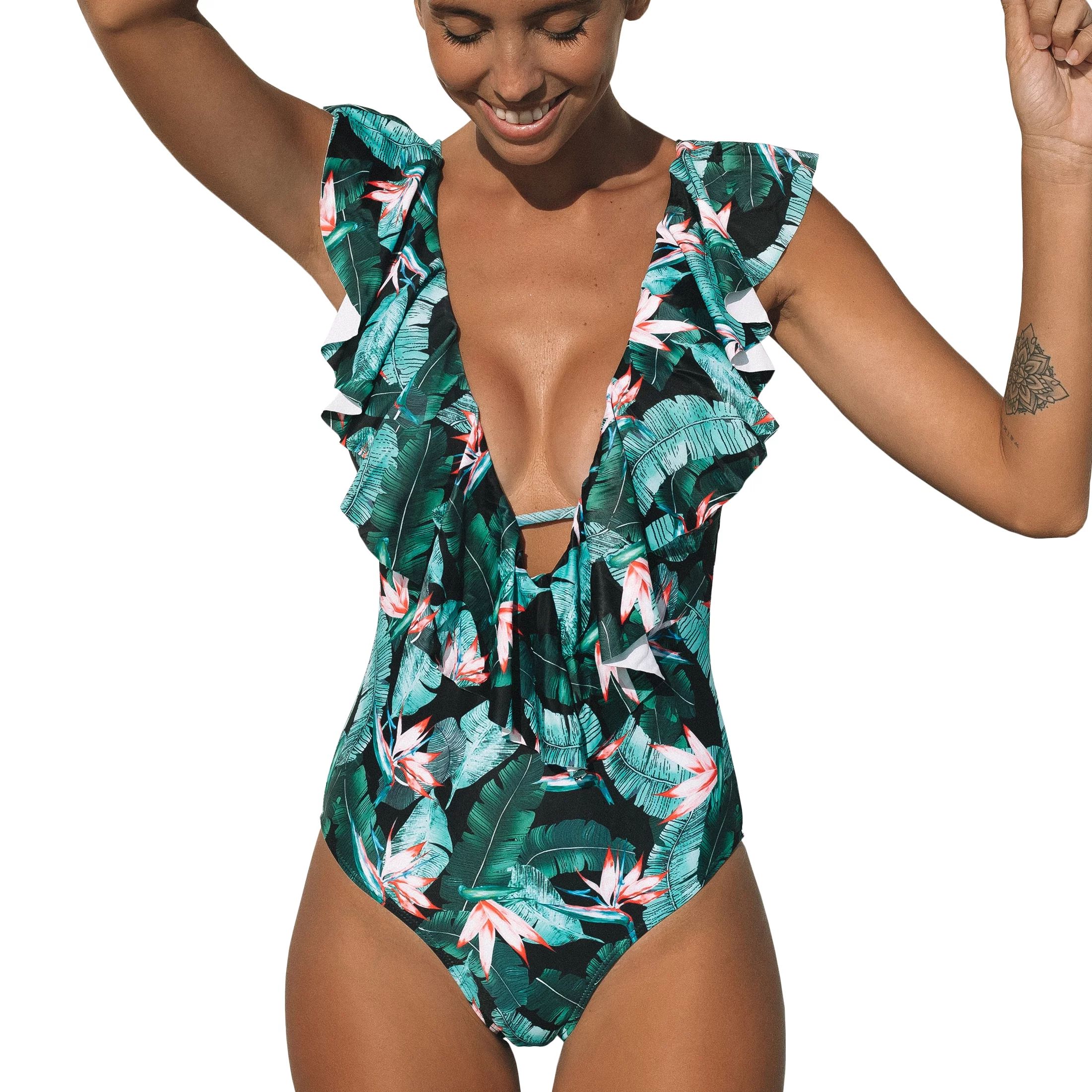 Sporlike Women’s Deep V-Neck Ruffle One Piece Swimsuit High Waist Beach Swimwear | Walmart (US)