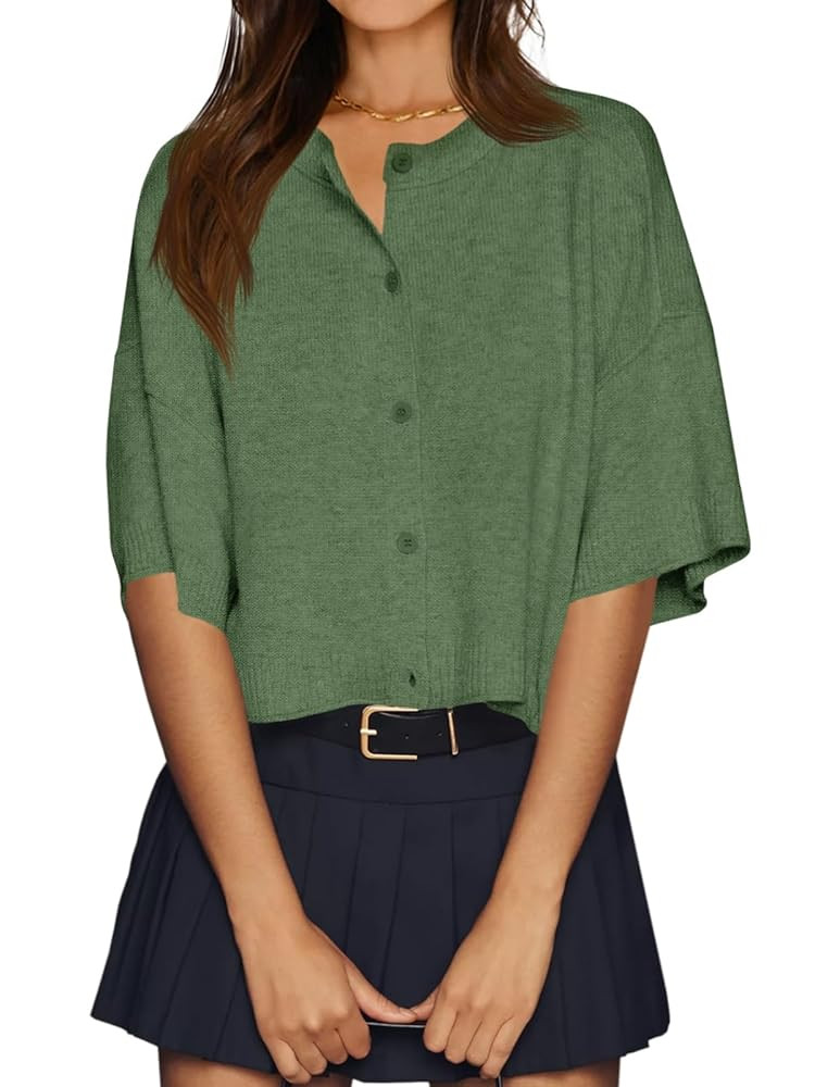 Cicy Bell Womens Half Sleeve Cardigan Sweaters Cropped Button Down Tops Oversized Lightweight Rib... | Amazon (US)
