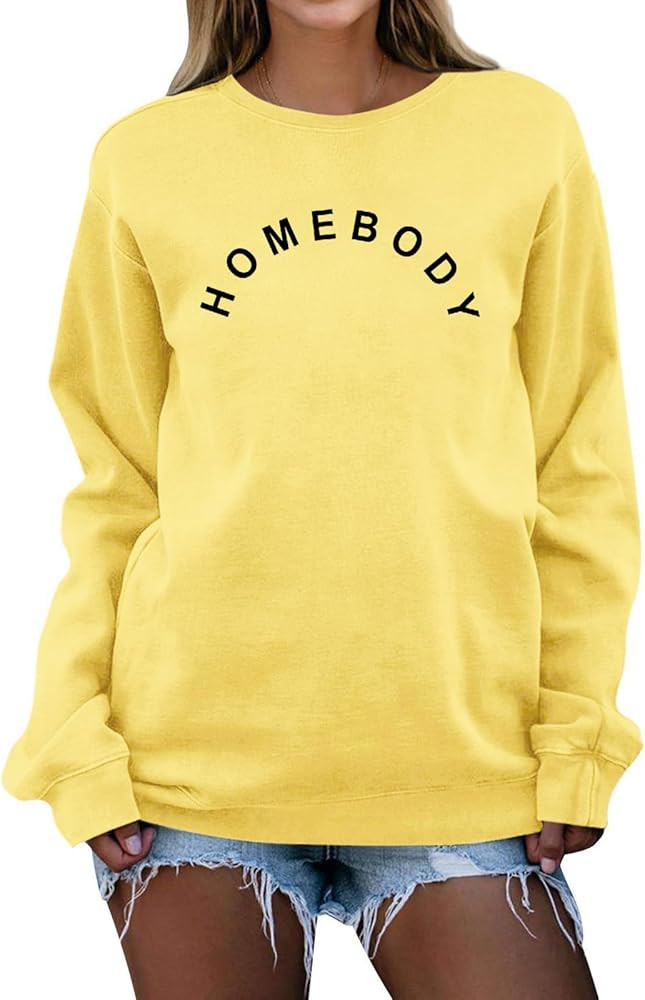 GEMLON Homebody Shirt Women Cute Letter Printed T-Shirts Long Sleeve Top Pullover Sweatshirt | Amazon (US)