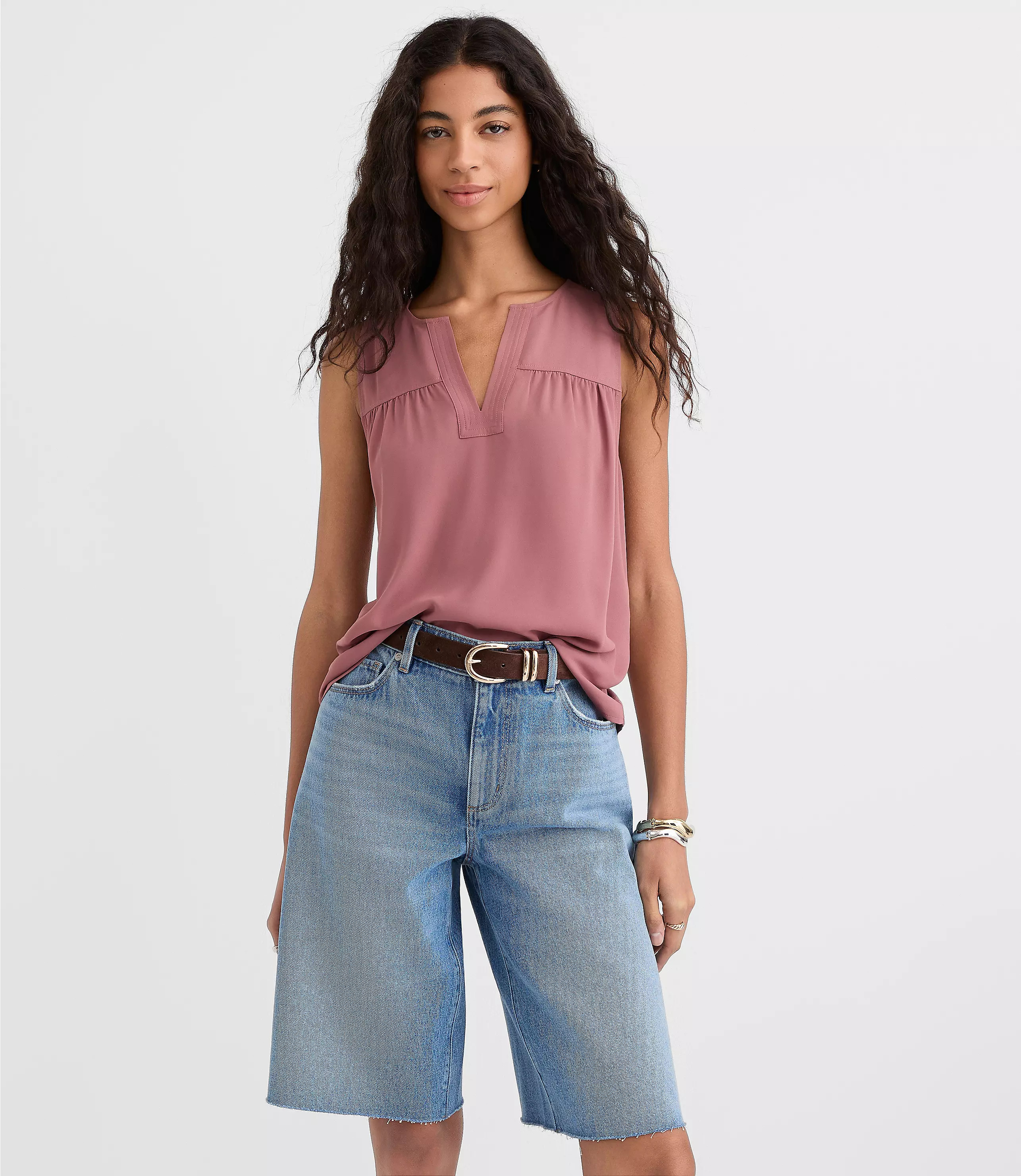 Petite Split Neck Mixed Media Shell | LOFT