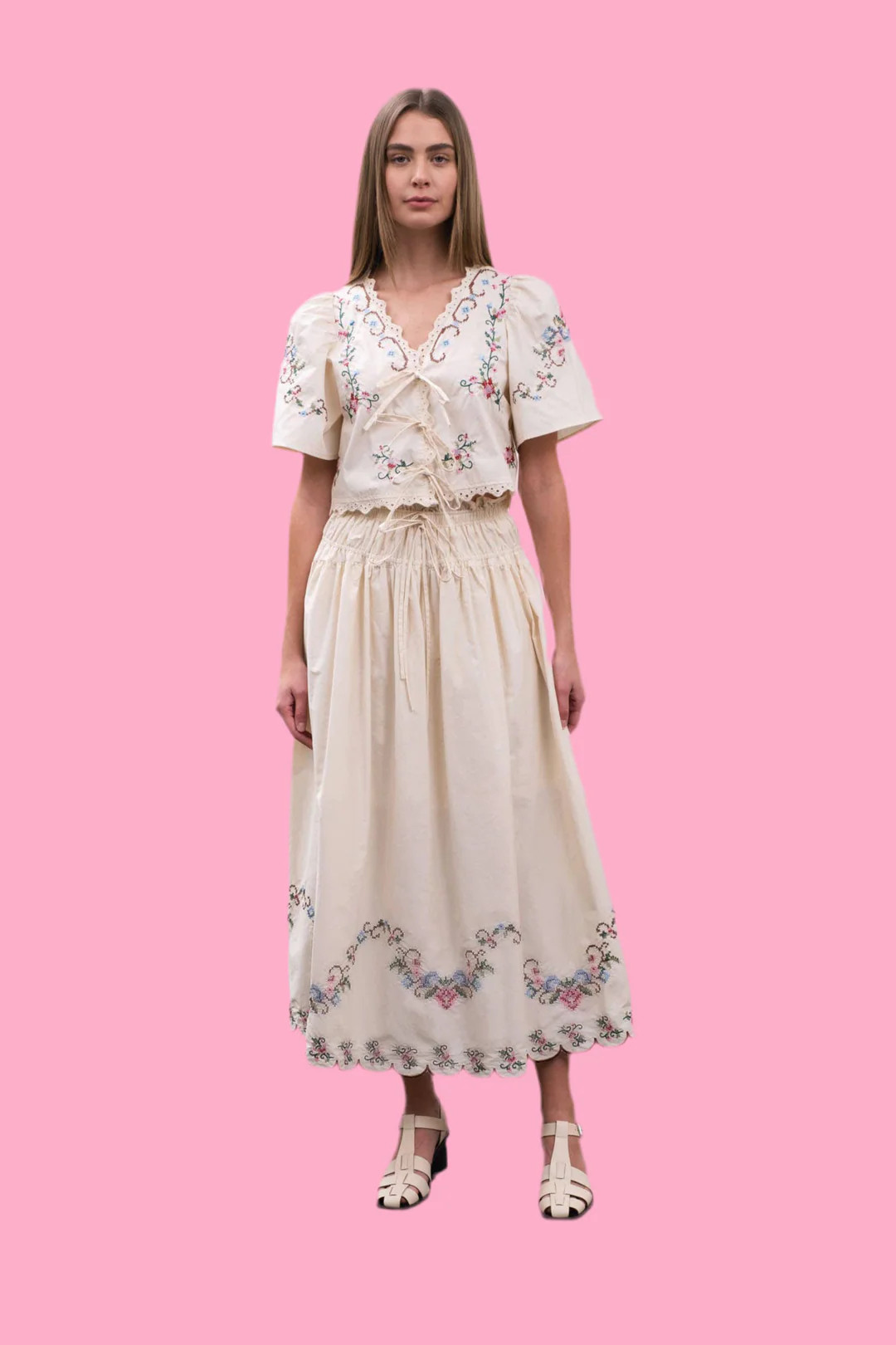 EMBROIDERED EYELET FLORAL FRONT TIE BLOUSE | Teggy French