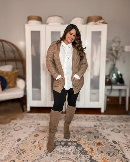 Don’t want to ditch your leggings for thanksgiving ? Don’t worry! You can easily dress up your black leggings just add a button up, a cardigan and some cute knee high boots! Voila! Wearing a large in everything!

Casual outfit
Midsize
Curvy
Size 12
Brown cardigan
Black and brown outfit
White button up 
Brown boots
Knee
High boots
