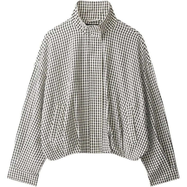 Women Plaid Jacket Oversized Zip Up Stand Collar Cropped Coat, Gingham Bomber Jacket with Pockets... | Walmart (US)