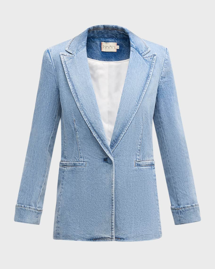 Alice + Olivia Justine Denim Roll-Cuff Longline Blazer | Neiman Marcus