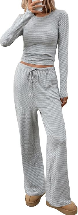 CHYRII Womens Two Piece Sets Fall Fashion Striped Long Sleeve Tops Wide Leg Palazzo Pants Outfits... | Amazon (US)