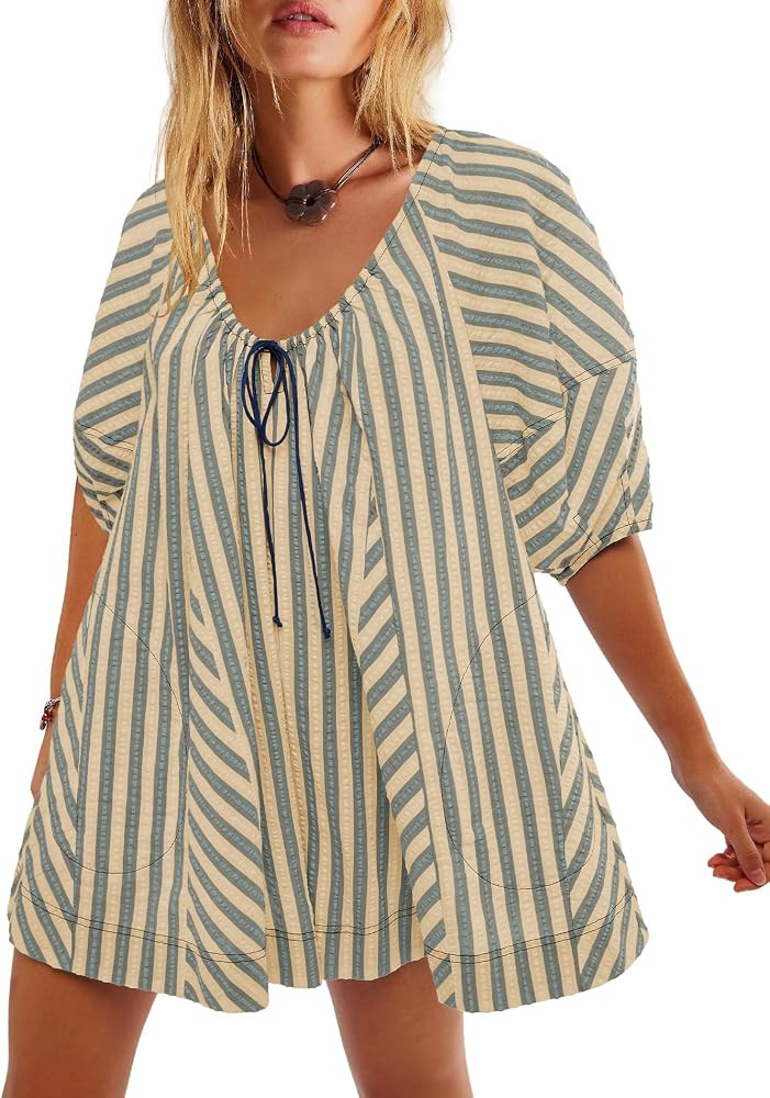 Yanekop Womens Romper Dress with Shorts Striped Romper Overall Oversized Short Jumpsuit V Neck Pu... | Amazon (US)