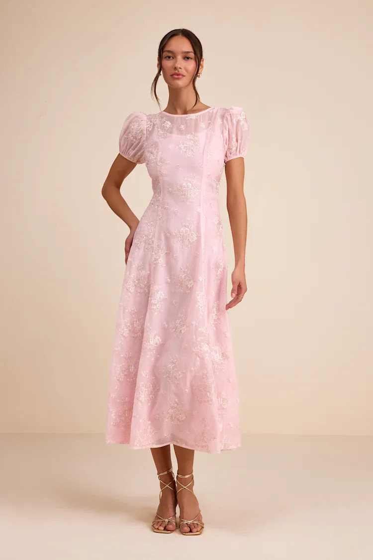 Elfrieda Blush Floral Embroidered Puff Sleeve Midi Dress | Lulus