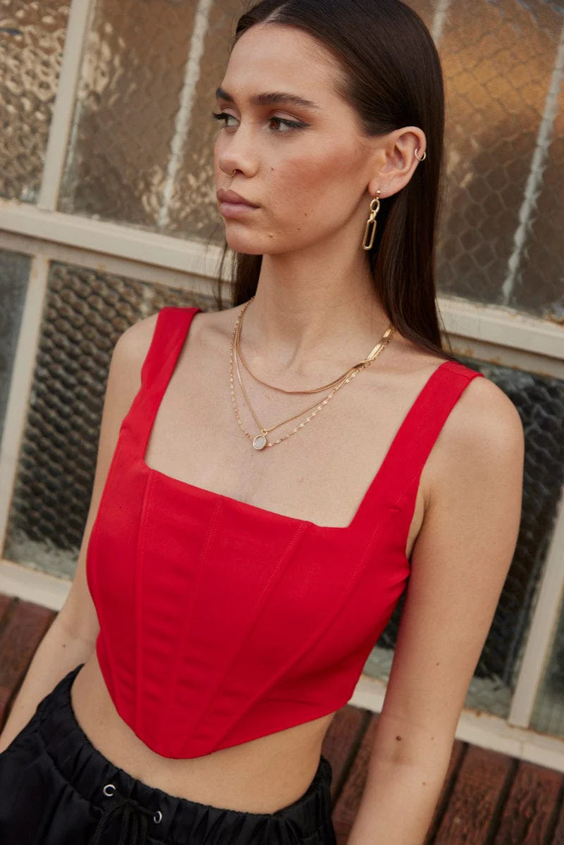 Red Corset Top Sleeveless Square Neck Crop Structured | Ally Fashion (US, Australia & New Zealand)