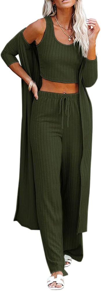 Womens Pajamas Set Fall Winter 3 Piece Loungewear Set Crop Vest Top Loose Pants and Cardigan Knitwea | Amazon (US)