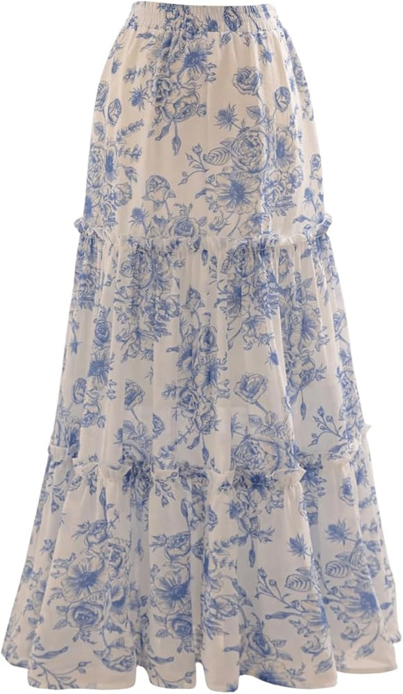 Verdusa Women's Floral Print Tiered Layered Long Skirt High Rise Ruffled Maxi Skirt | Amazon (US)
