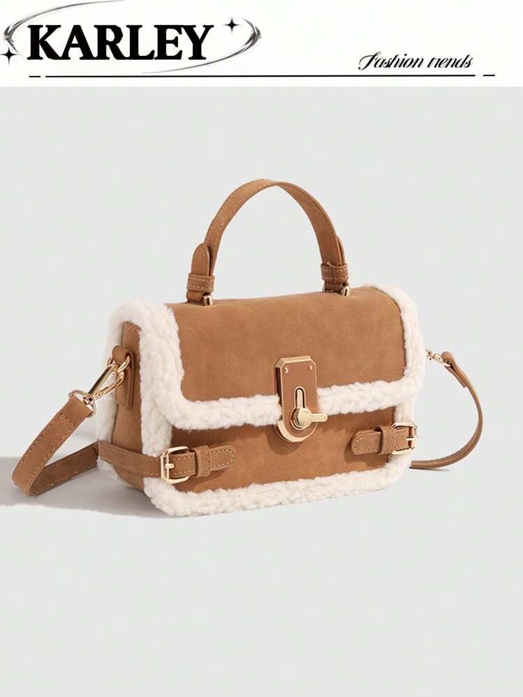 1pc Women Handbag, New Autumn Winter Lamb Fur Tote Bag, Fluffy Lock Strap Crossbody Bag, Mini Square Bag, Coffee Brown & Burgundy, New Arrival Fur Bag For Women | SHEIN