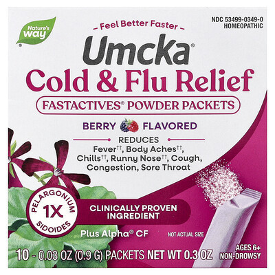 Nature's Way, Umcka®, Cold + Flu Relief Fastactives® Powder Packets, Ages 6+, Berry, 10 Packets, 0.03 oz (0.9 g) each | iHerb