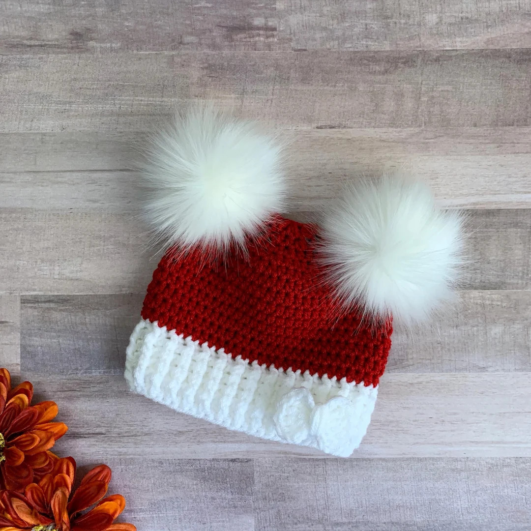Christmas Double Pom Pom Beanie - Crochet Baby Santa Hat, Christmas Baby Hat, New Baby Christmas ... | Etsy (US)