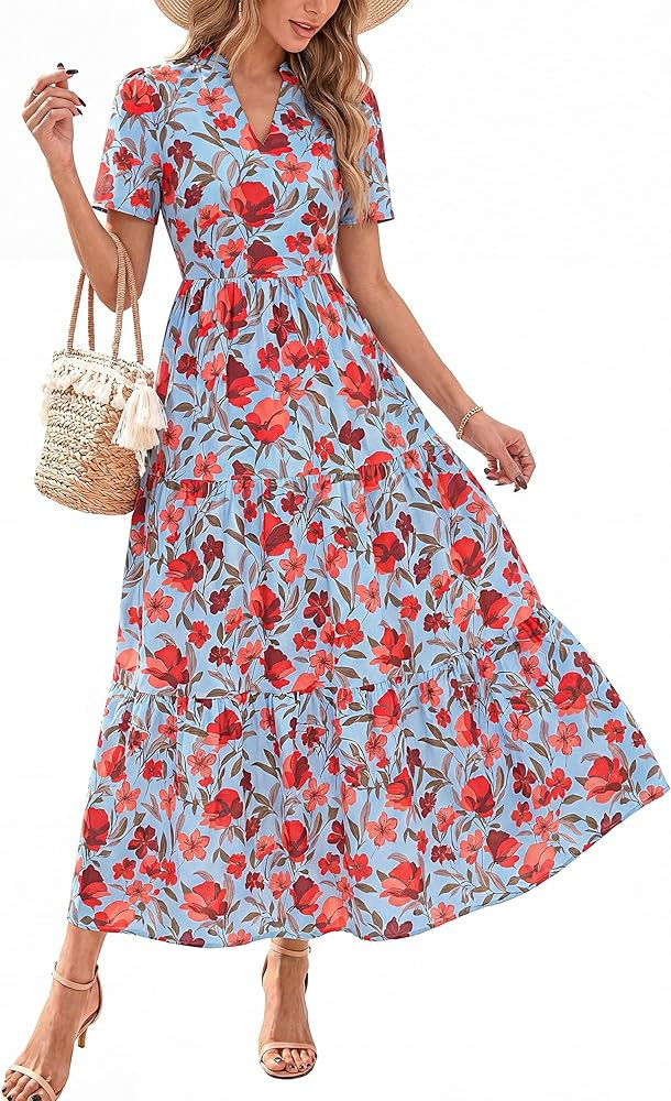 KIRUNDO Womens Summer Floral Maxi Dress Short Sleeve V Neck Boho Long Flowy Casual A Line Dresses... | Amazon (US)