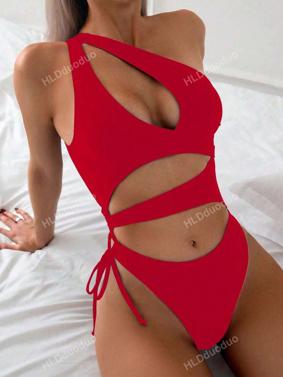 Solid Color Cut-Out One-Shoulder Swimsuit, Sexy Beach Vacation Outfit For Women SKU: sz2404048575... | SHEIN