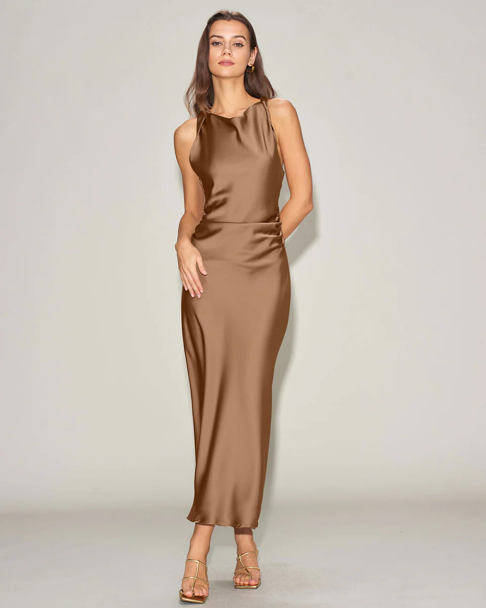 Coffee Satin Boat Neck Slip Midi Dress | rihoas.com