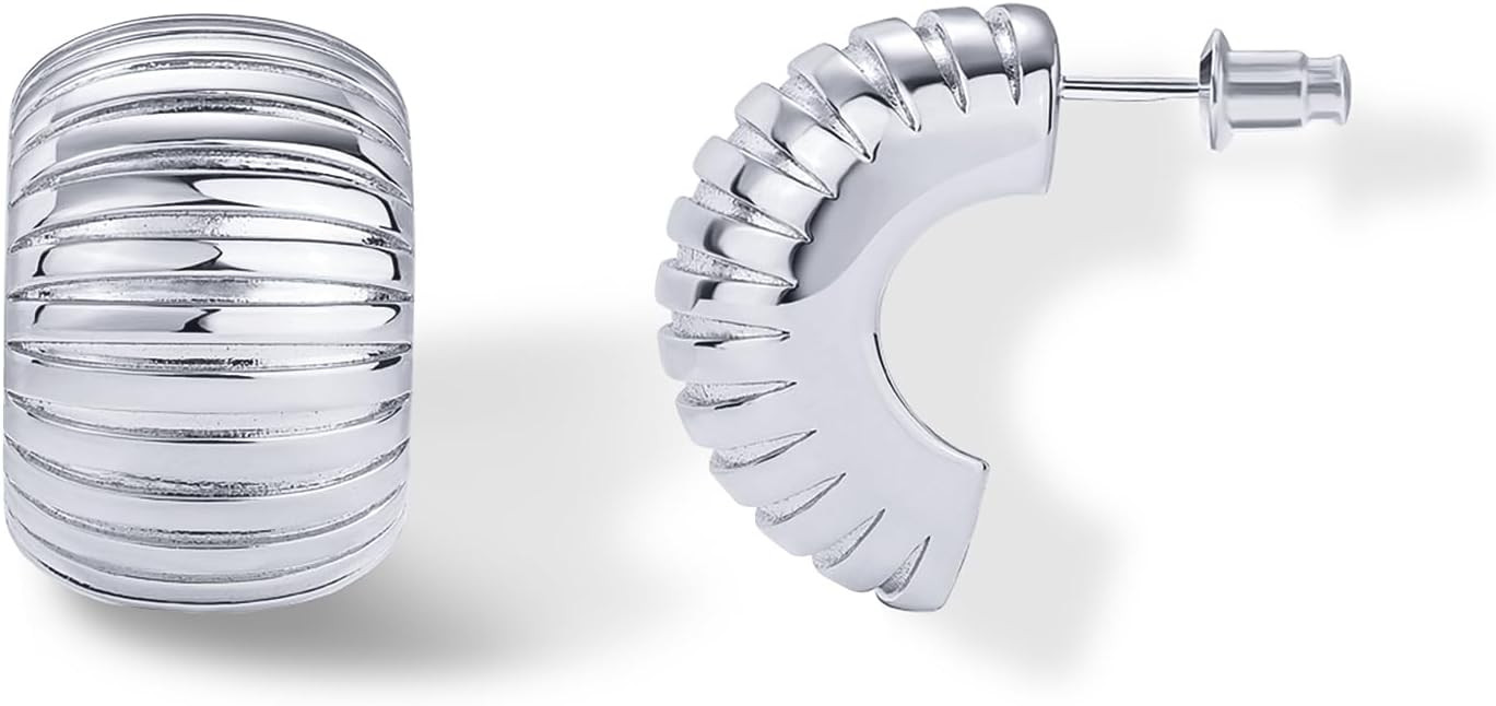 PAVOI 14K Gold Plated Bold Statement Hoop Earrings for Women - Trendy Boho Ribbed Croissant Scall... | Amazon (US)