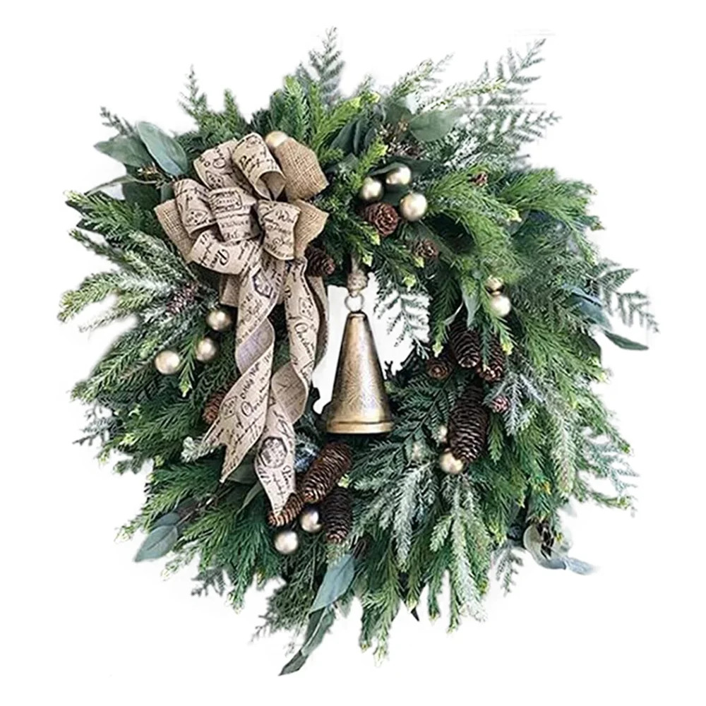 Christmas Farmhouse Wreaths for Front Door, Winter Rattan Wreath with Pine Cones Golden Bells and... | Walmart (US)