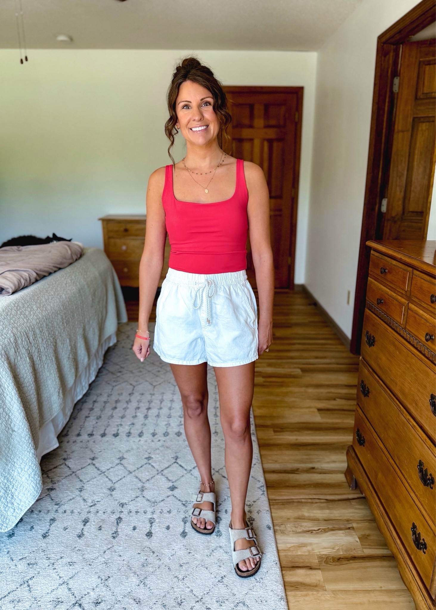 small in my red tank (the built in bra is so nice!) my white shorts are size xs. My sandals are size 36.