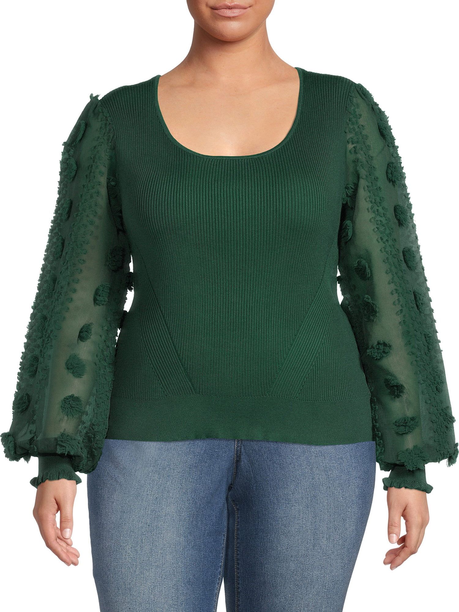 No Boundaries Juniors Plus Size Sheer Sleeve Sweater with Floral Bell Sleeves - Walmart.com | Walmart (US)