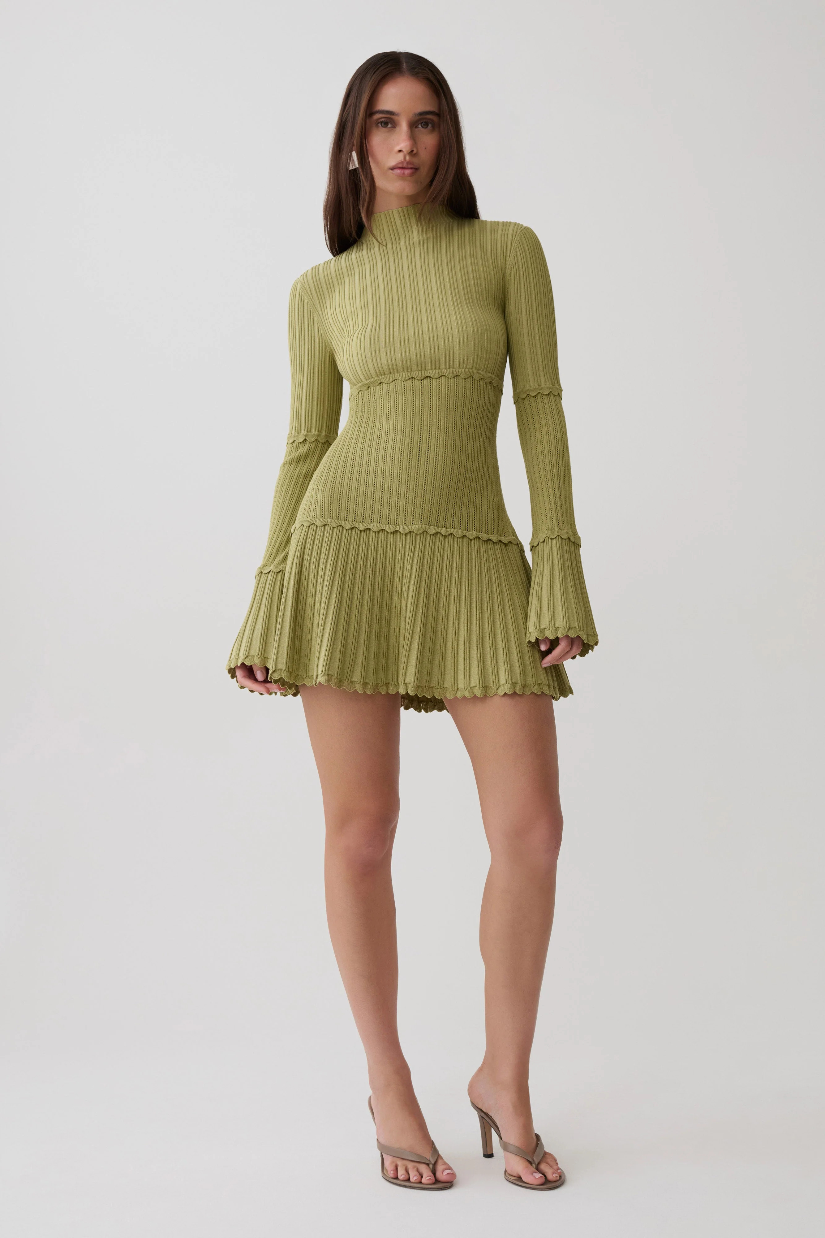Adena Pointelle Knit Mini Dress - Olive | Meshki UK