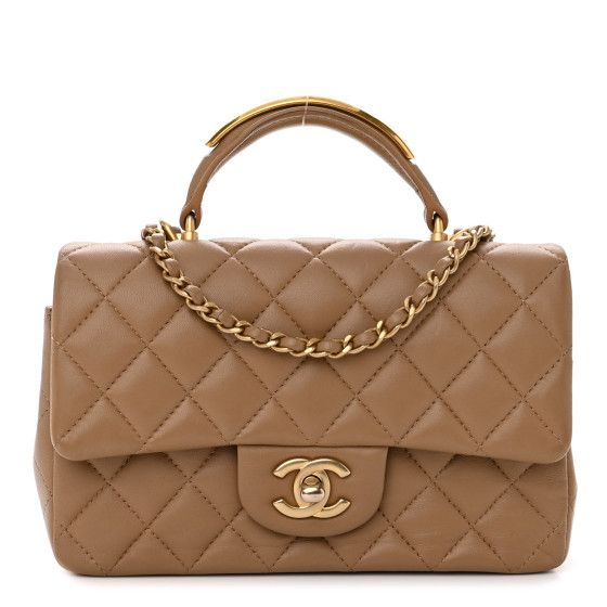 Lambskin Quilted Mini Top Handle Rectangular Flap Light Brown | FASHIONPHILE (US)