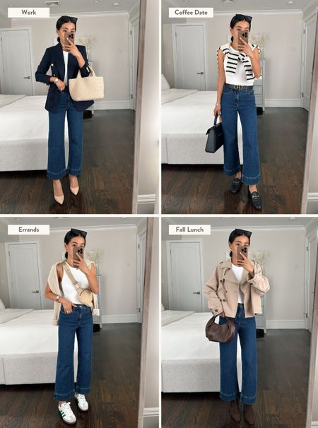 Four ways to style wide crop jeans for summer to fall. This pair is called the slim wide-leg jean and are so flattering in several different washes!

•J.Crew jeans 24 petite. Waist runs a bit big. Mid high rise and a great length for me (5 feet tall)
•AF rib bodysuit xs, nice thicker weight.

#petite smart casual work outfits with jeans 

#LTKstyletip #LTKworkwear #LTKSeasonal