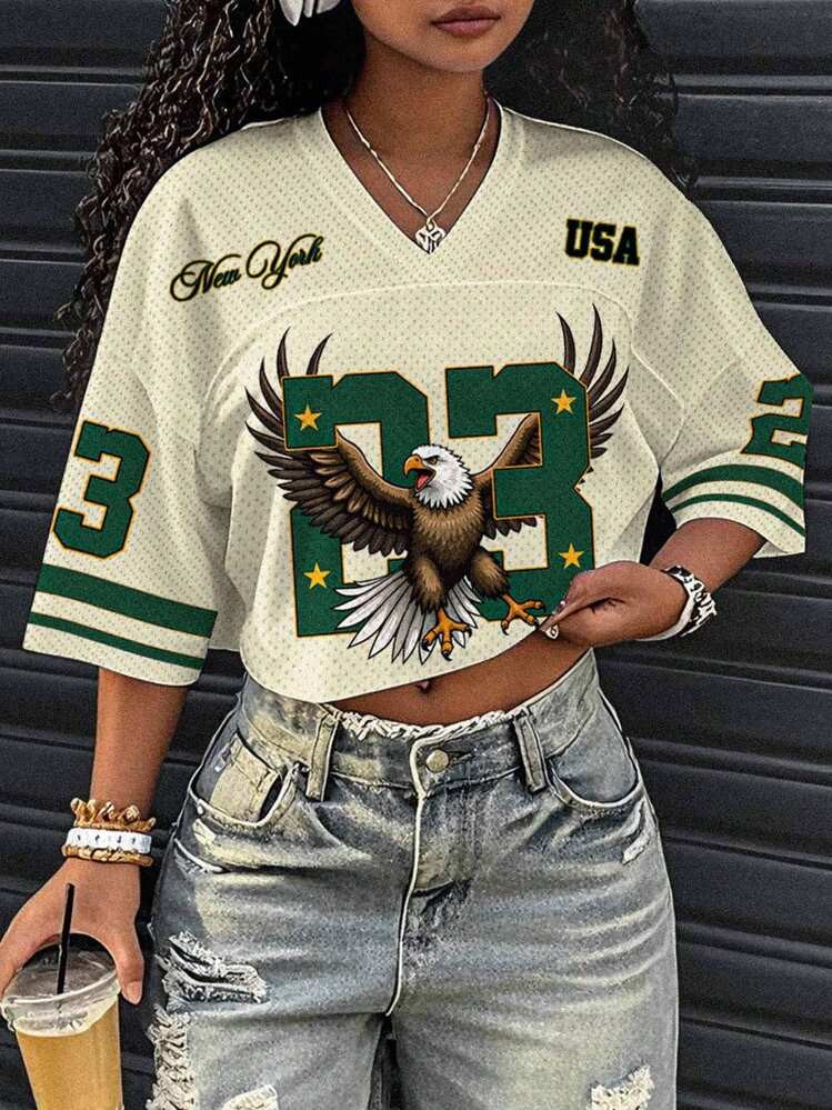 Slaydiva 2025 Spring/Summer Casual, Street, New York, USA, 23 Numeric, Eagle Graphic Print, Women V-Neck Loose Short 5/5 Sleeve Mesh T-Shirt, Suitable For Summer, Sports Games, Fitness,School Clothes Graphic Tees Women Crop Cropped Graphic Shirt Eagle Graphic Tee Usa Graphic Tee New York Graphic Tee Suitable For Going Out | SHEIN