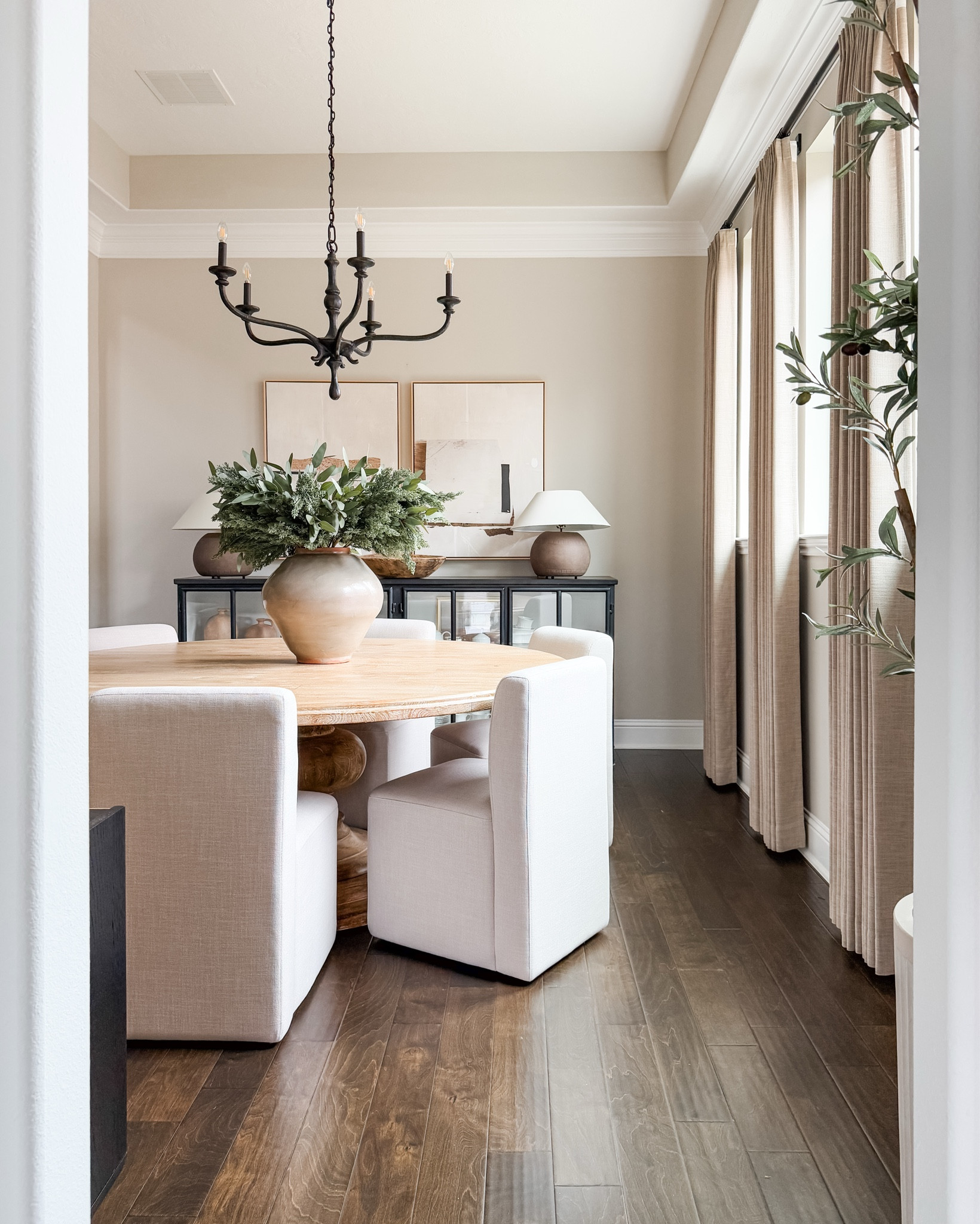 Dining room views with some new curtains! I’m loving this simple update that transformed this space! Modern organic transitional decor. 

Curtain details below: 

Grey Beige 1908-6
Pinch Pleat 
Unlined
Body Memory Shaped for Pinch

#LTKStyleTip #LTKSaleAlert #LTKHome