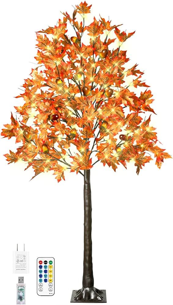 6FT 130 LED Lighted Maple Tree - Thanksgiving Decor Artificial Fall Tree with 13 Branches, 13 Aco... | Amazon (US)